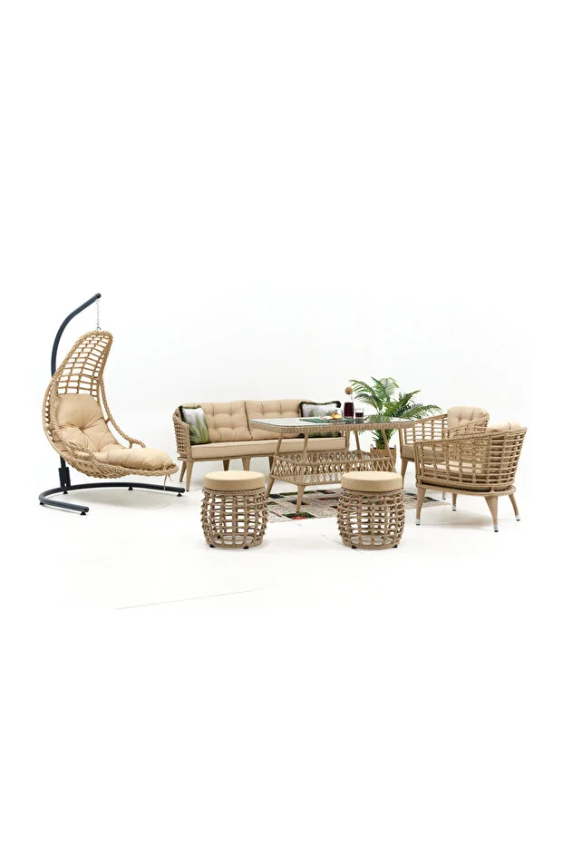 Linda Rattan Bahçe Balkon Oturma Grubu (3 1 1 MASA 2 PUF) Salıncak